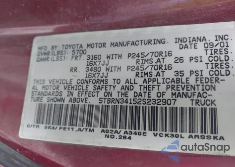 2002 Toyota Tundra Sr5 from USA, damaged, VIN 5TBRN34152S232907